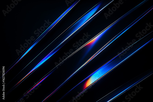 Black background with sharp neon prism streaks in red, blue, violet, pink, and white. Abstract minimalist 3D glass shapes. Light beam reflection, color gradient, metallic glow, iridescent shine
