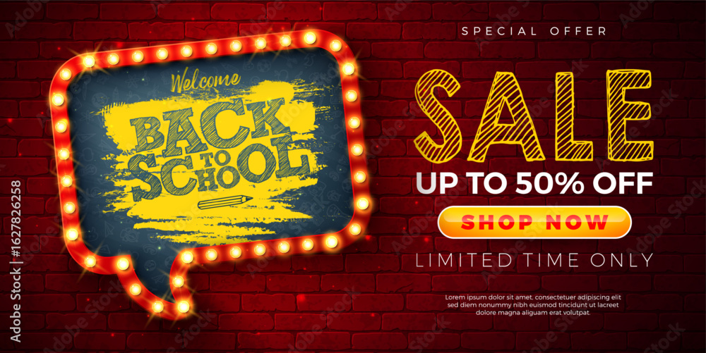Naklejka premium Back to School Sale Banner Design with Speech Bubble Shape Lightbox Chalkboard and Typography Lettering on Vintage Brick Wall Background. Vector Business Concept Illustration with Special Offer Text