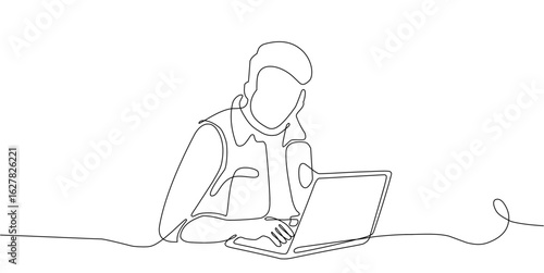 Continuous line vector of a man working with a laptop at a desk. Minimal design for concepts of freelance work, remote office, digital job, productivity, technology, and modern professional lifestyle.