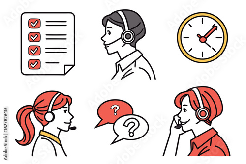 Customer service operators with headsets and communication icons