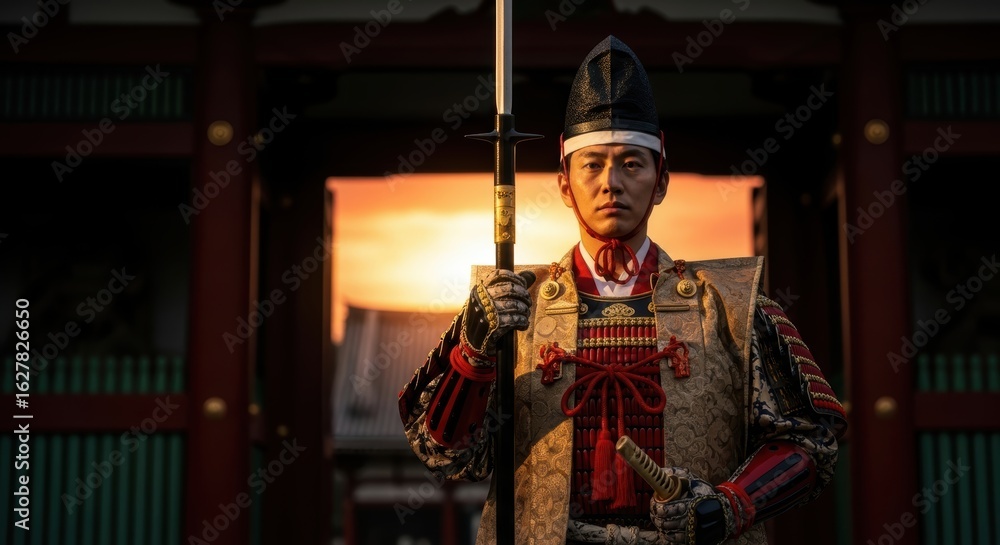 Obraz premium Imperial Guard Standing Watch at the Palace Gate Under Crimson Sunset