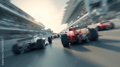 Thrilling Formula 1 race in motion. Racing cars speed down the track, blurring background in dynamic display. Excitement of competition. Motorsport and adrenaline-fueled action.