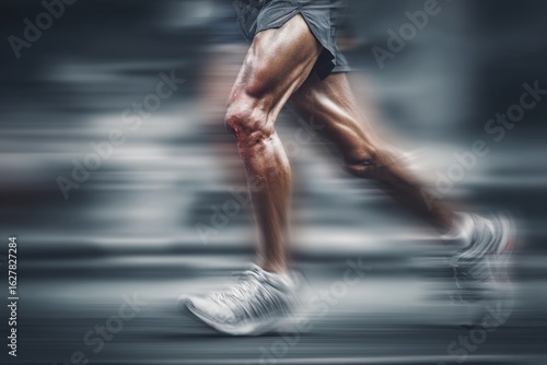 Muscular legs in motion with blurred background highlighting speed and strength