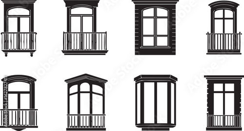 Group of eight distinct balcony and window designs in black silhouette on a white background Keywords: balcony, window, architectural elements, facade, building, architecture, design, silhouette
