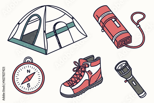 Camping and hiking gear including tent, sleeping bag, boot, compass, and flashlight