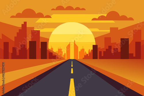 Flat design cityscape with a road leading to the sun at sunset