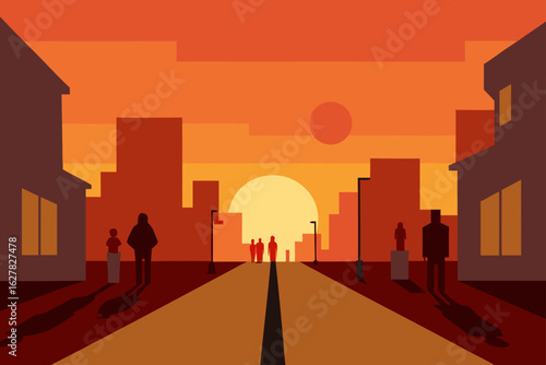 City street at sunset with silhouetted figures and buildings
