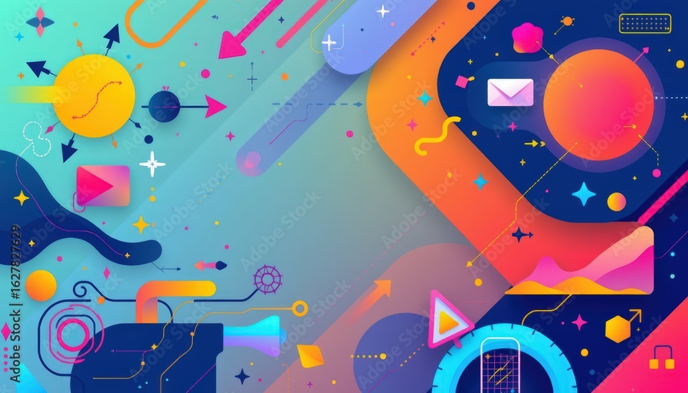 Obraz premium Fun and quirky abstract background template using overlapping elements including arrows, wavy lines