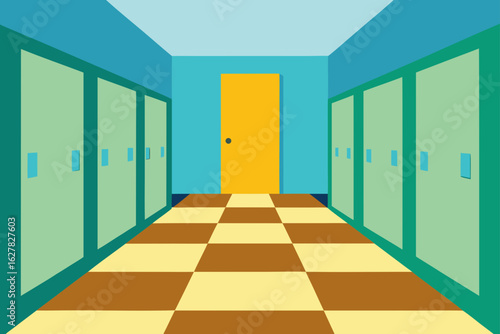 School hallway with lockers and a yellow door at the end