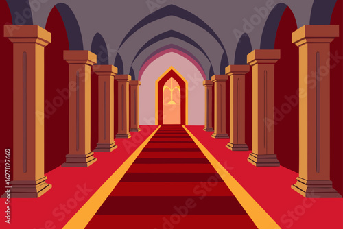 Grand hallway with columns and red carpet leading to a bright doorway