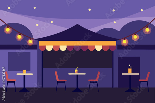 Outdoor cafe seating area with string lights at night