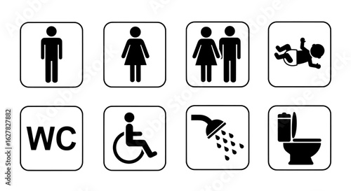 A collection of restroom and facility signs including men women and accessibility