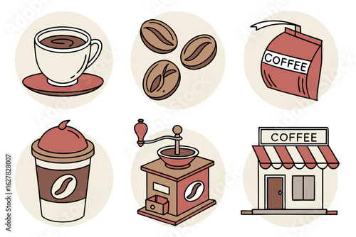 Collection of coffee related icons and illustrations