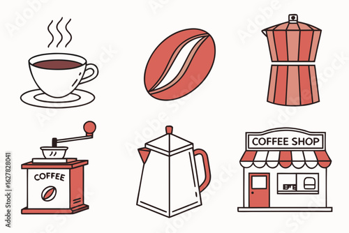 Collection of coffee related icons including a cup, bean, grinder, pot and shop