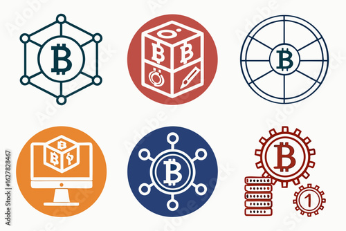 Collection of bitcoin cryptocurrency icons and symbols on a white background