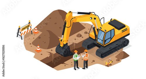 Construction site with excavator and workers in pit excavation digging Vector illustration of