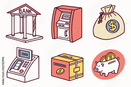 Collection of banking and finance icons including bank building, atm, money bag, and piggy bank