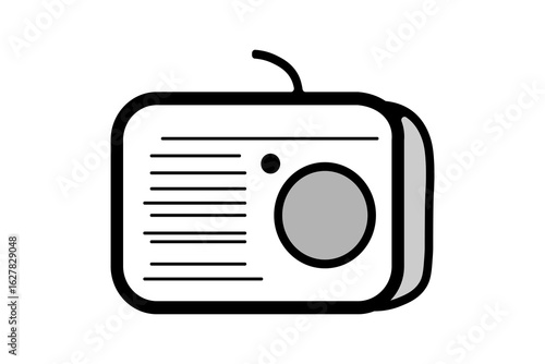 The image is a cartoon-style illustration of a vintage portable radio. The design is simple and graphic, with a thick black outline defining the body and its components.