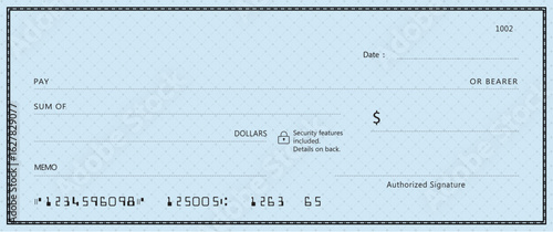 Blue Bank check, vector blank money cheque, checkbook template with guilloche pattern and fields. Currency payment coupon, money check background