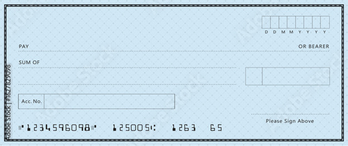 Blue Bank check, vector blank money cheque, checkbook template with guilloche pattern and fields. Currency payment coupon, money check background	