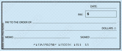 Blue Bank check, vector blank money cheque, checkbook template with guilloche pattern and fields. Currency payment coupon, money check background	