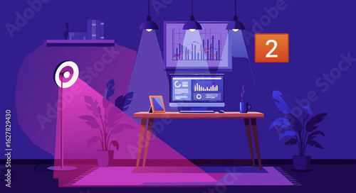 Modern dark office interior with data analytics dashboard on screen and ring light for streaming. Vector illustration concept.