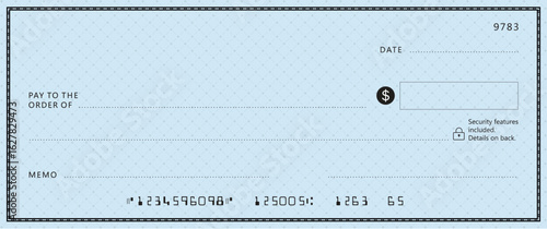 Blue Bank check, vector blank money cheque, checkbook template with guilloche pattern and fields. Currency payment coupon, money check background	