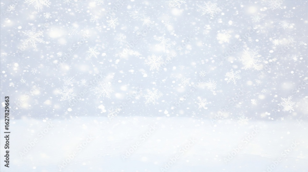 Fototapeta premium Soft snowfall gently covers a serene winter landscape, with delicate snowflakes falling against a light gray background, creating a tranquil and peaceful atmosphere for seasonal themes