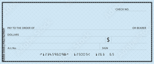 Blue Bank check, vector blank money cheque, checkbook template with guilloche pattern and fields. Currency payment coupon, money check background	