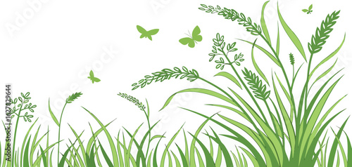 Vector art of a serene scene of grass and butterflies in a natural setting isolated on white background