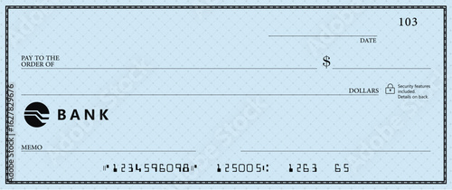 Blue Bank check, vector blank money cheque, checkbook template with guilloche pattern and fields. Currency payment coupon, money check background	