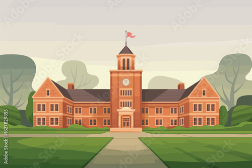 Classic brick university building with tower and green lawn