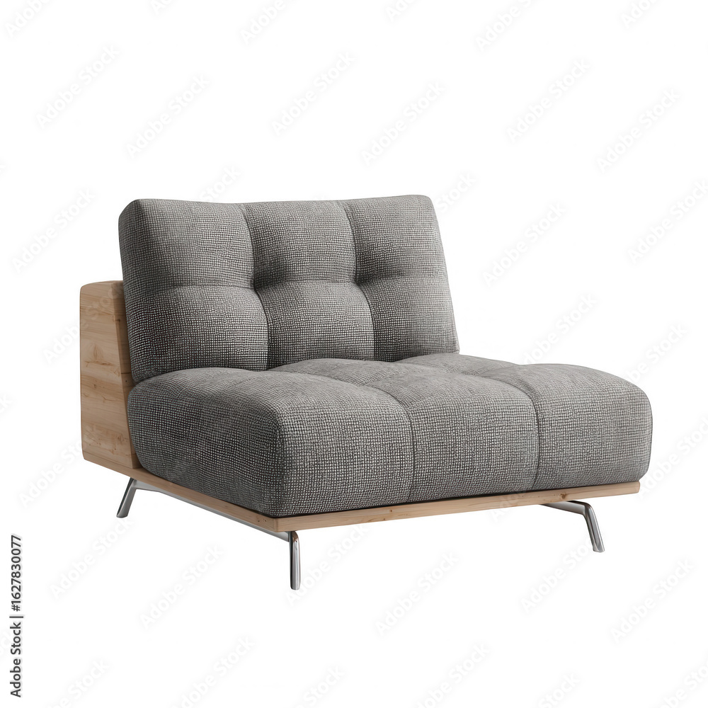 Obraz premium Grey fabric armchair with light wood side panel and metal legs; tufted backrest and seat cushions