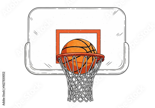 Basketball going through the hoop and net, making a score. Hand-drawn vector illustration of a sports goal concept isolated on a white background.