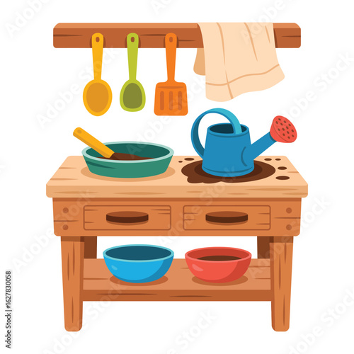 Childrens wooden mud kitchen with gardening tools and watering can