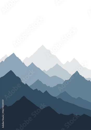 Vector illustration of a serene blue mountain range silhouette. Minimalist landscape with foggy hills in layers, perfect for a background.