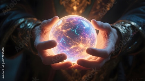 Hands cradling a glowing, energy-filled orb with vibrant colors and intricate patterns.