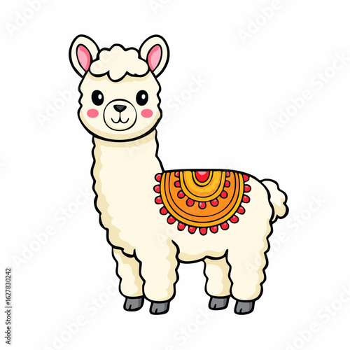 Adorable Cartoon Llama with Decorative Saddle Blanket on a White Background Art