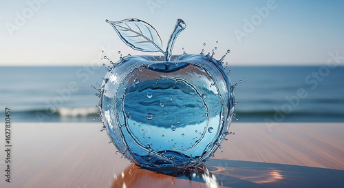 A Glass Apple Filled with Ocean Water Splashing on a Wooden Table