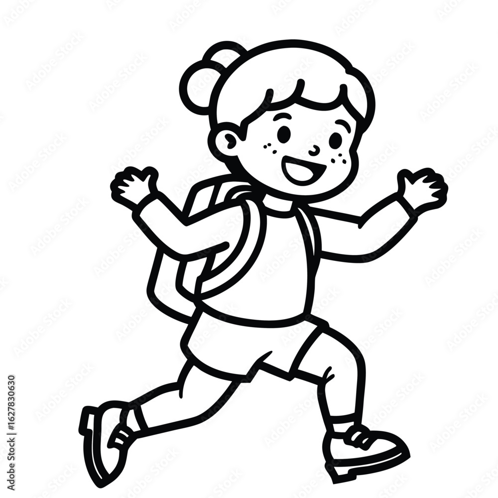 Happy child with backpack running with excitement girl Happy child with backpack running with excitement girl