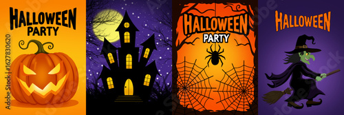 A collection of four Halloween-themed designs, including a jack o lantern, a haunted house, a spider web, and a flying witch.