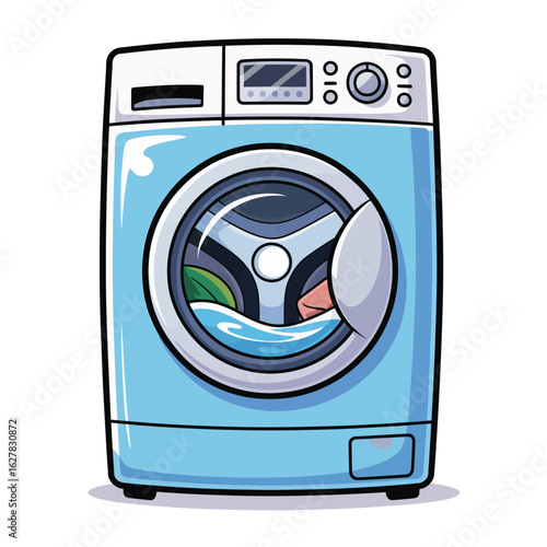 Cartoon blue front load washing machine with clothes inside