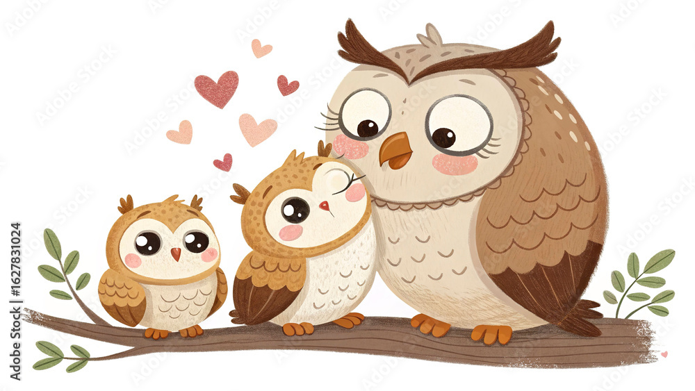 Obraz premium Charming owl family cuddled together, symbolizing love and unity, on white background.