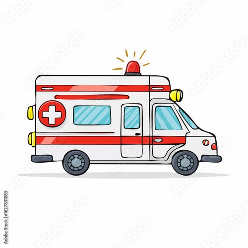 Cartoon Ambulance Vehicle with Emergency Lights and Medical Symbol Illustration on White