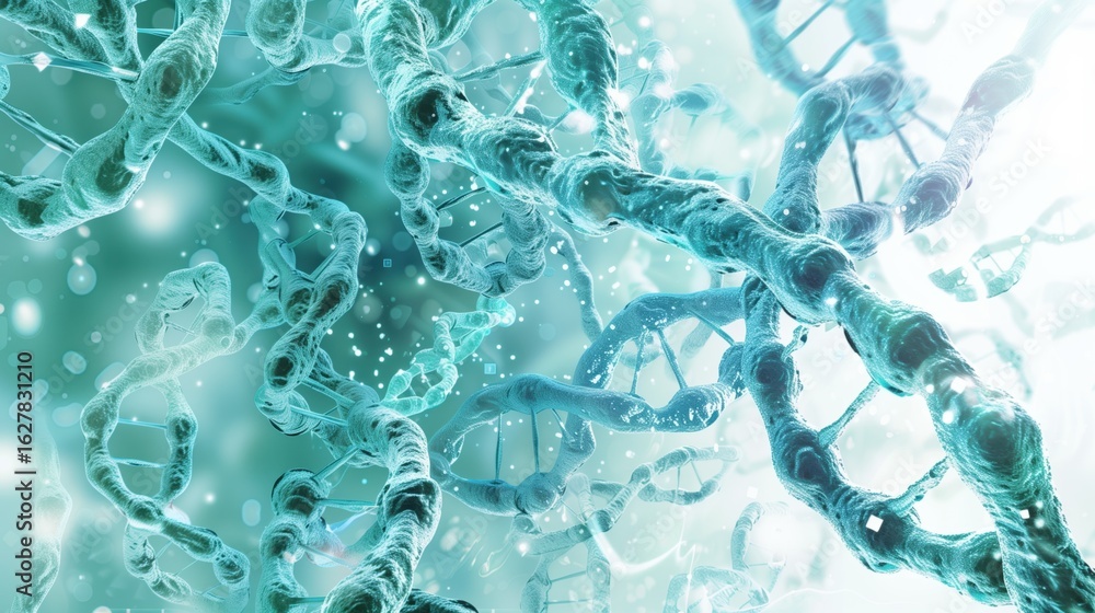 Naklejka premium Ovarian Cancer Awareness Month. Scientific illustration of cancer cell molecular pathways, detailed protein structures and DNA helixes, teal accent colors for ovarian cancer focus