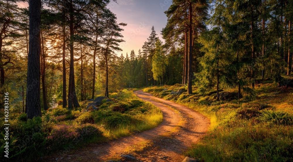 Fototapeta premium A winding dirt road through a sunlit forest