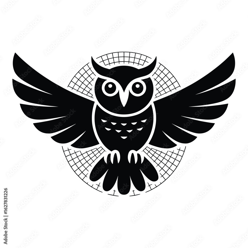 Obraz premium Elegant Black and White Owl Graphic Illustration with Spread Wings Symbolizing Wisdom and Intelligence with a Grid Background