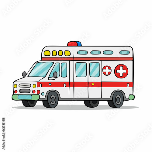 Cartoon Ambulance Vehicle Depicting Emergency Medical Transportation and Healthcare Services