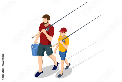 Isometric illustration of father and son going fishing. Man and boy walking with fishing rods and bucket. Family outdoor recreation and bonding activity