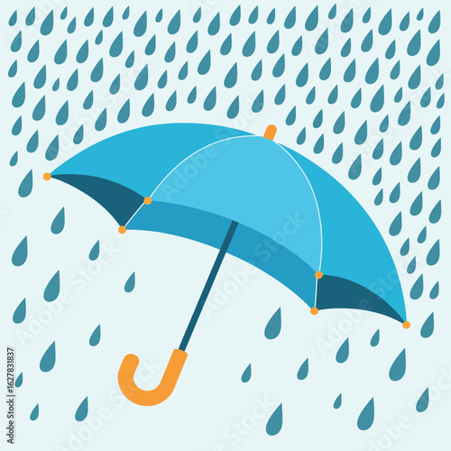 Blue umbrella protecting against falling raindrops